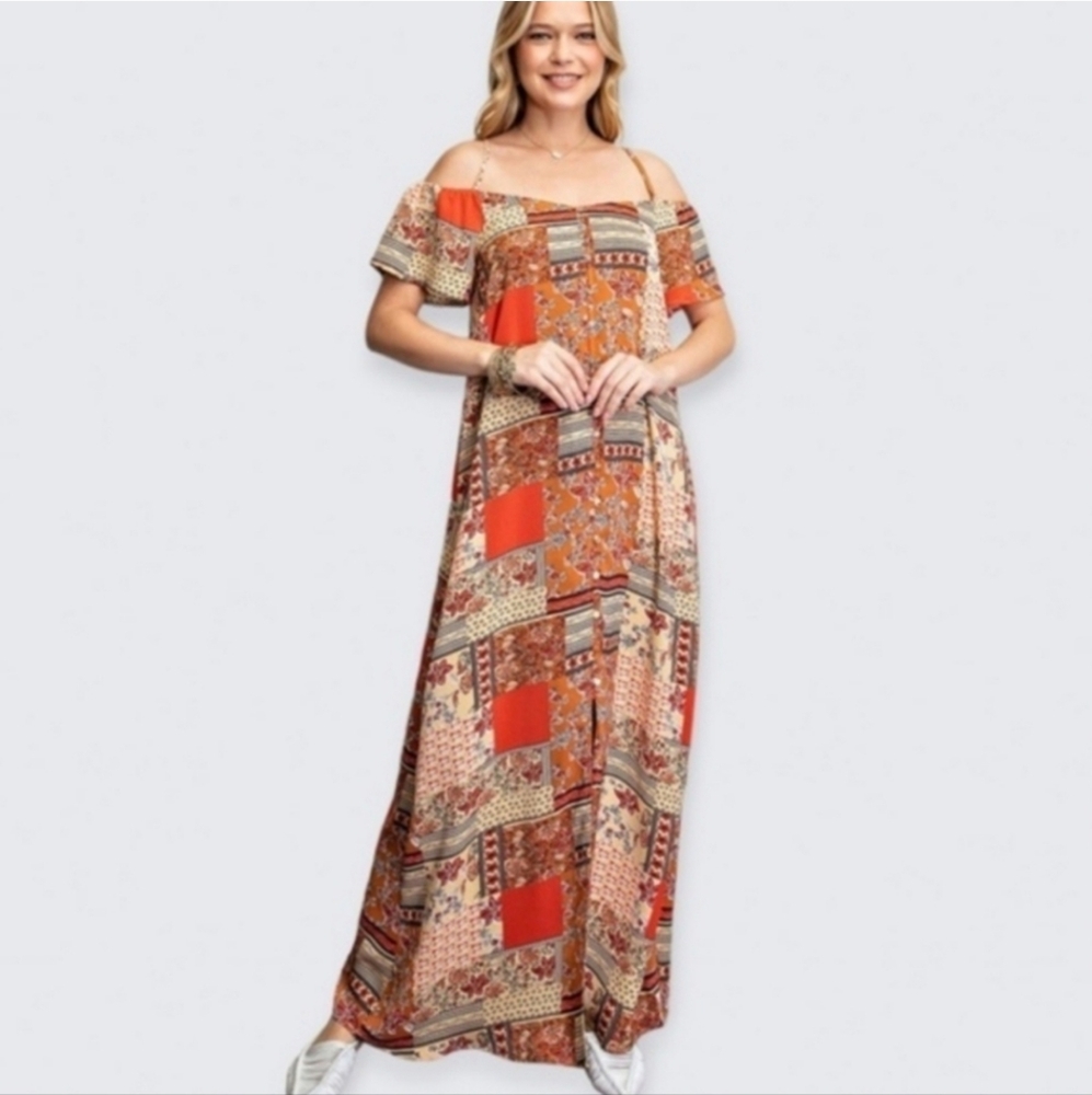 Easel Patchwork Design Cold Shoulder Button Down … - image 2